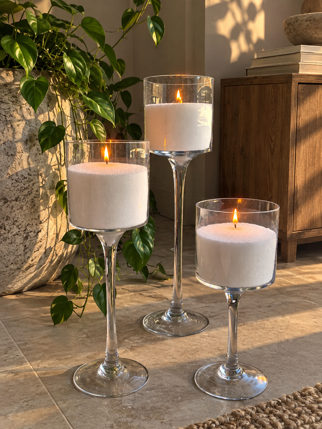 Set od tri staklene čaše na stalku sa belom peščanom svećom – Zest Candle
